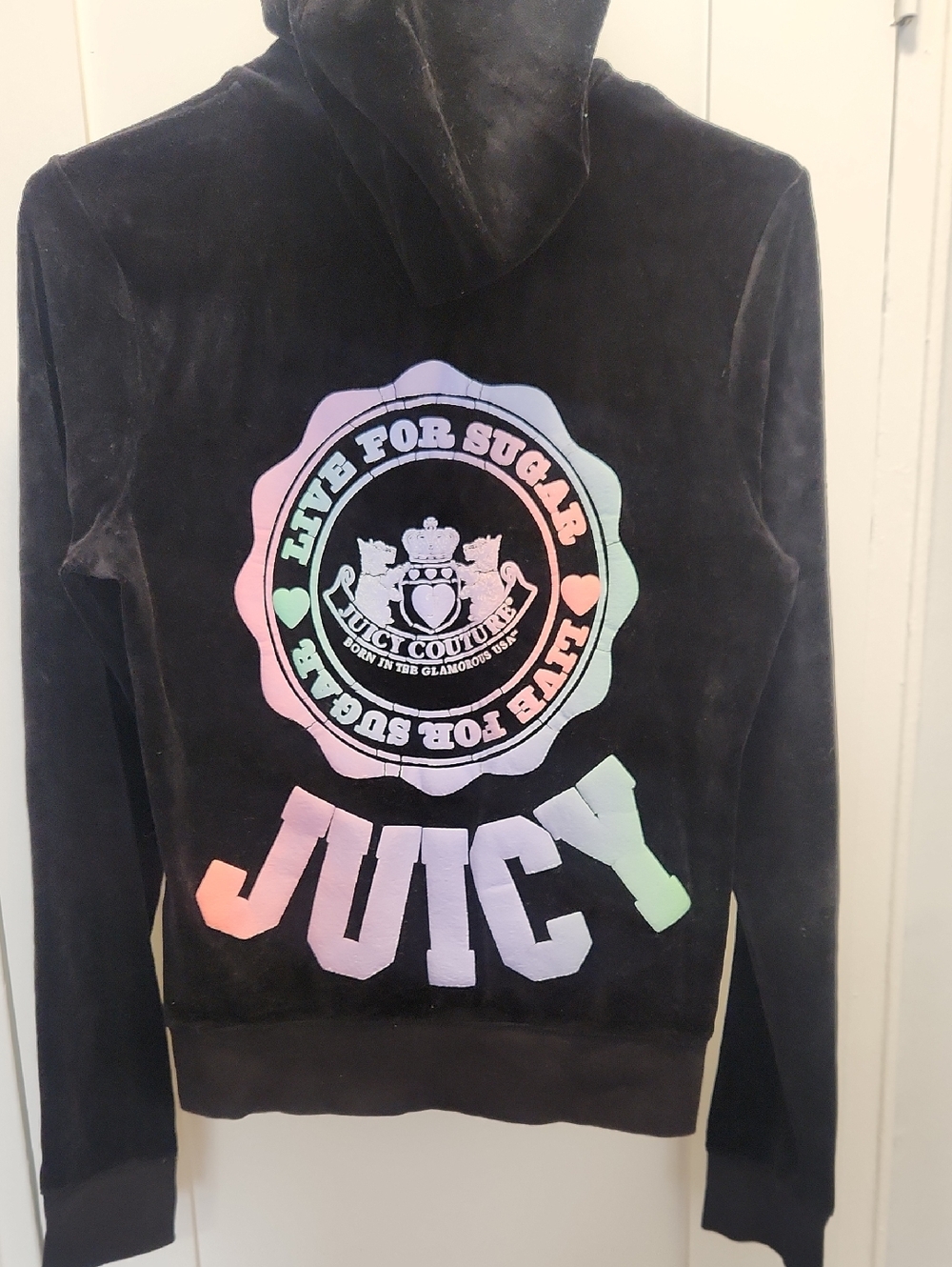 Juicy Couture Black Velour Zip-Up Hoodie with Pastel Rainbow Logo